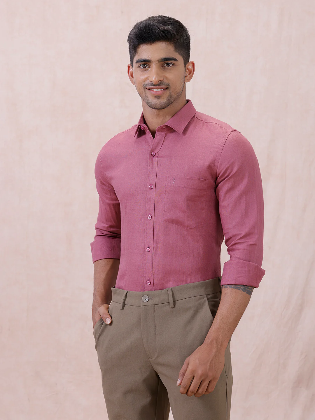 Men Pure Linen Purple Pink Shirt L122 - Image 6