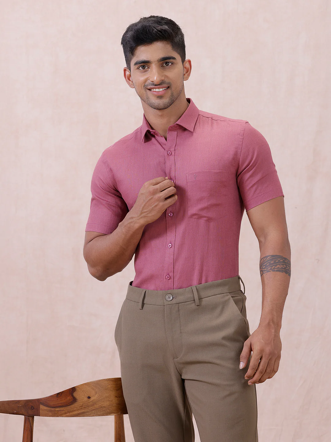 Men Pure Linen Purple Pink Shirt L122 - Image 7