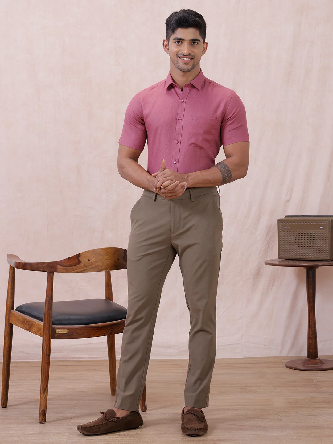 Men Pure Linen Purple Pink Shirt L122 - Image 8