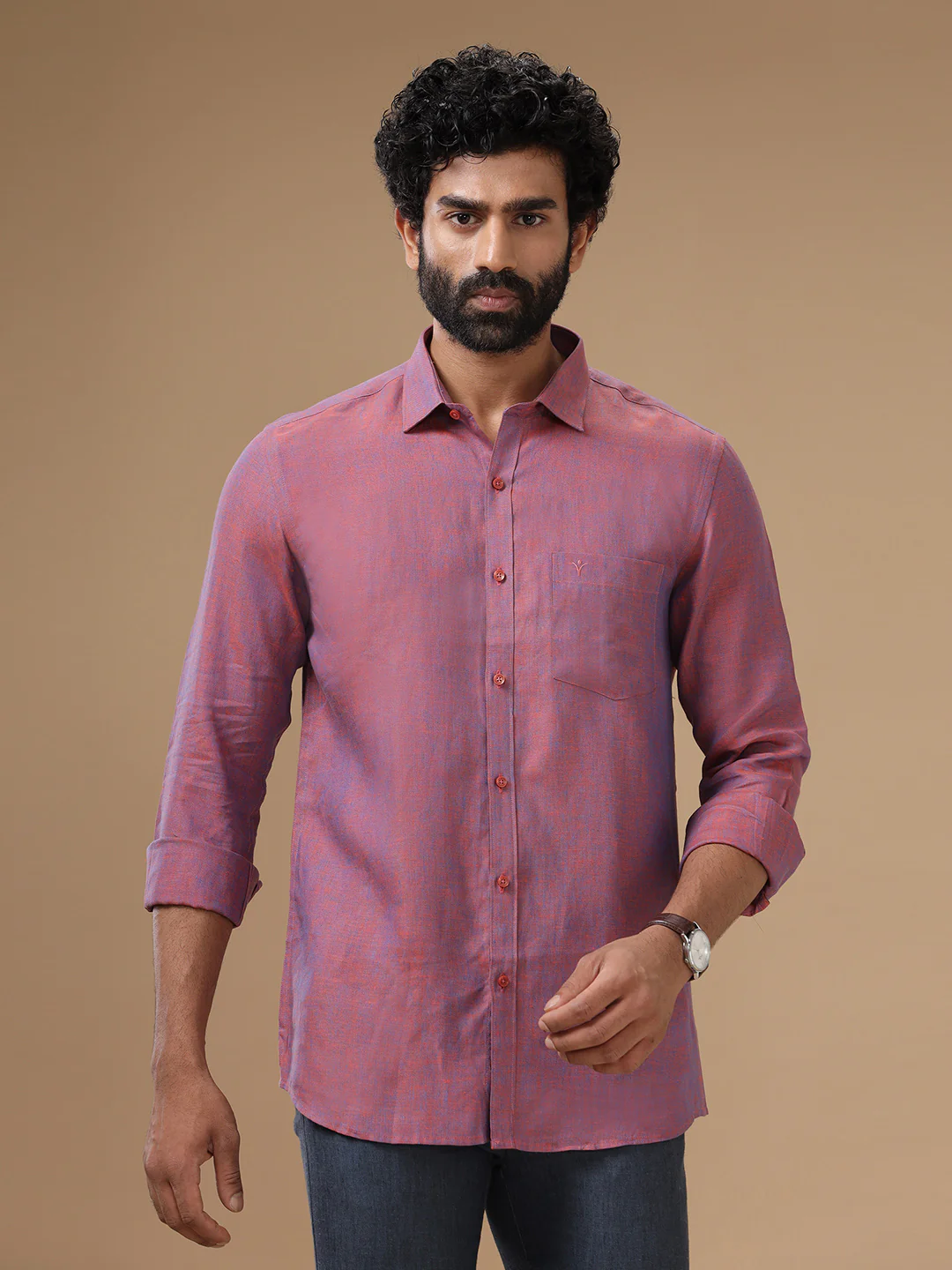 Men Pure Linen Purple Shirt L75 - Image 3