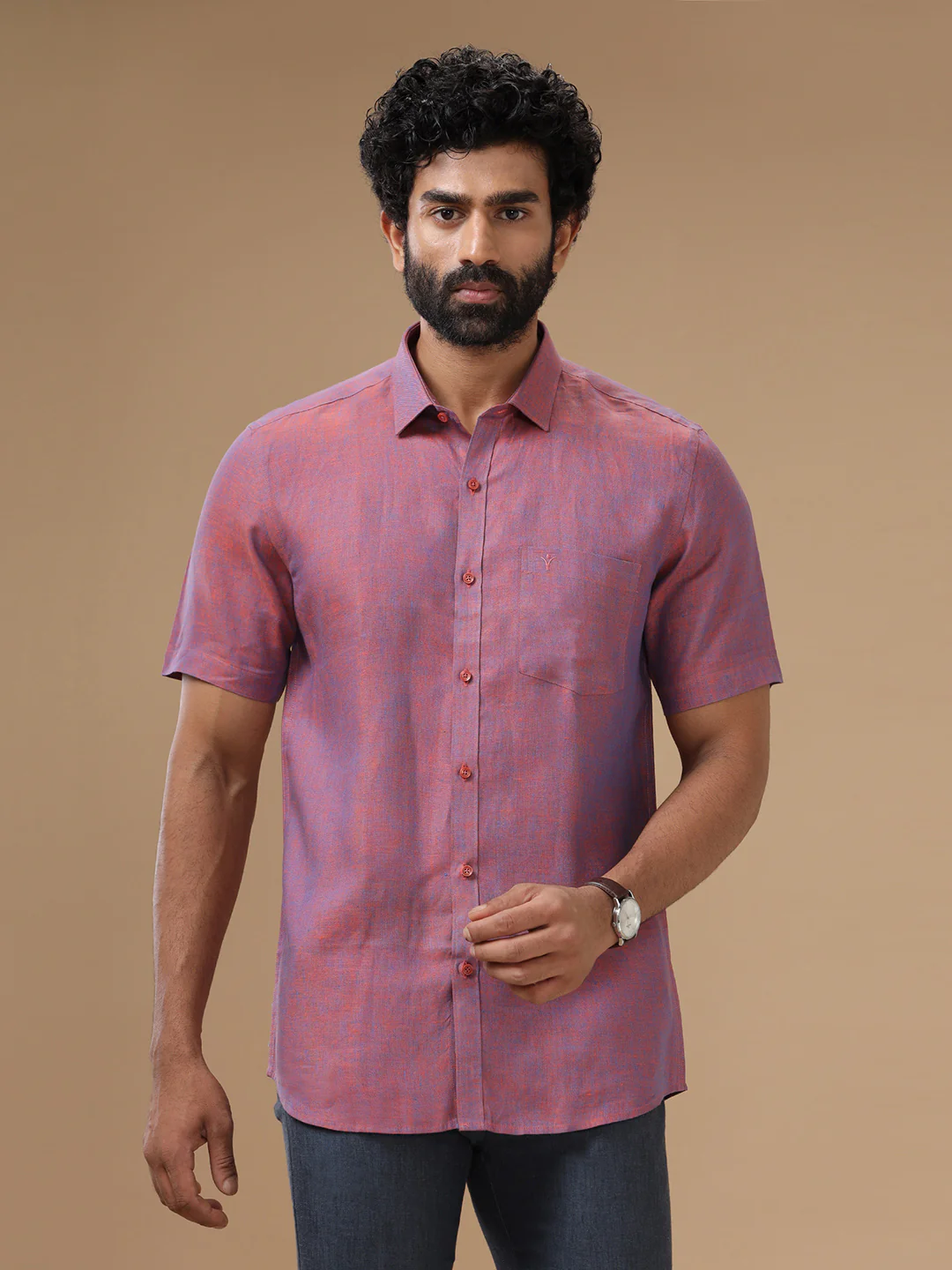 Men Pure Linen Purple Shirt L75 - Image 4