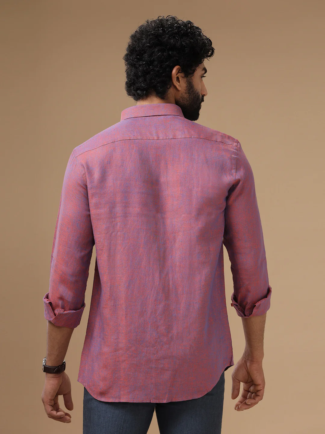 Men Pure Linen Purple Shirt L75 - Image 5