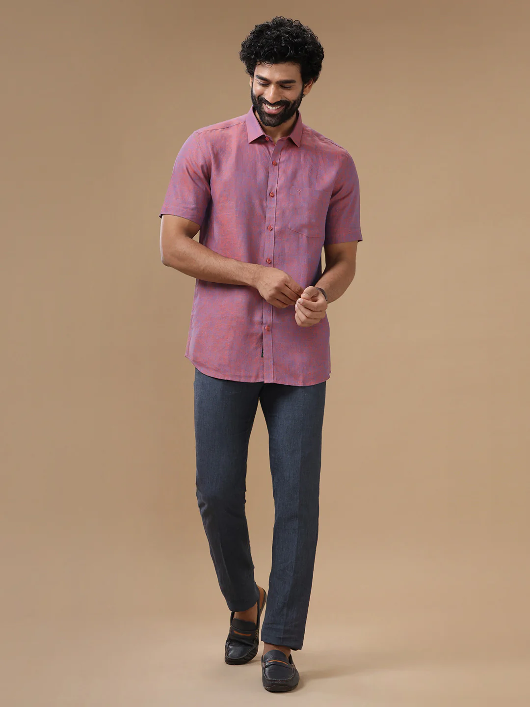 Men Pure Linen Purple Shirt L75 - Image 6