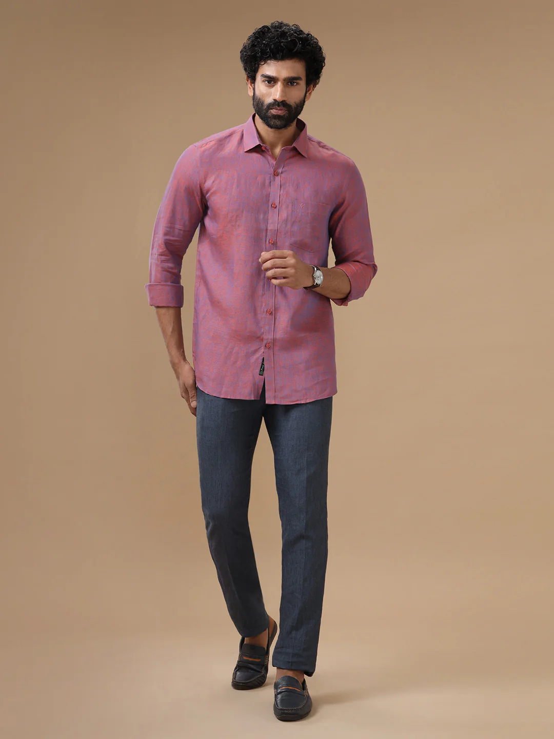 Men Pure Linen Purple Shirt L75 - Image 7