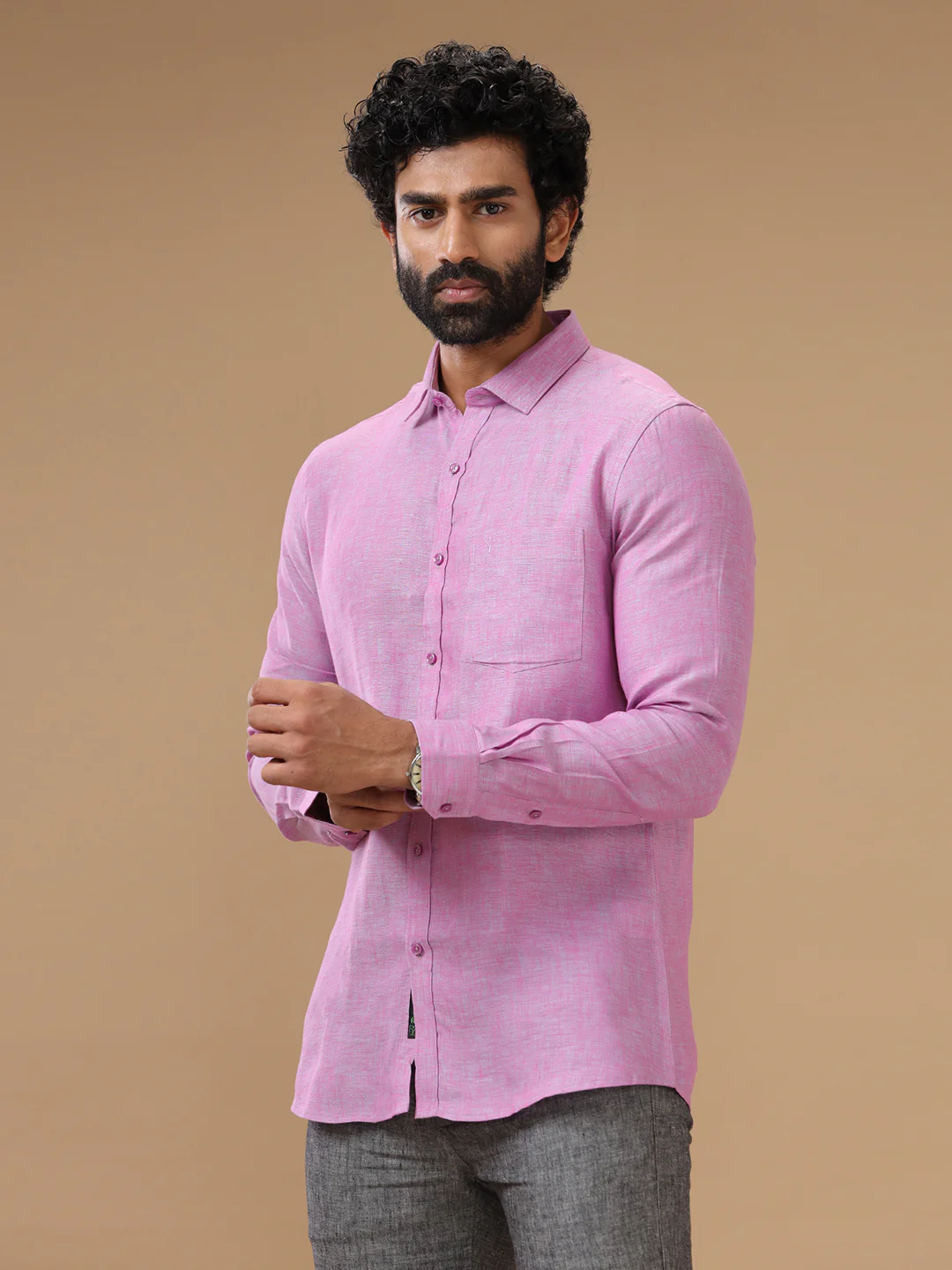 Men Pure Linen Purple Shirt L79 - Image 3