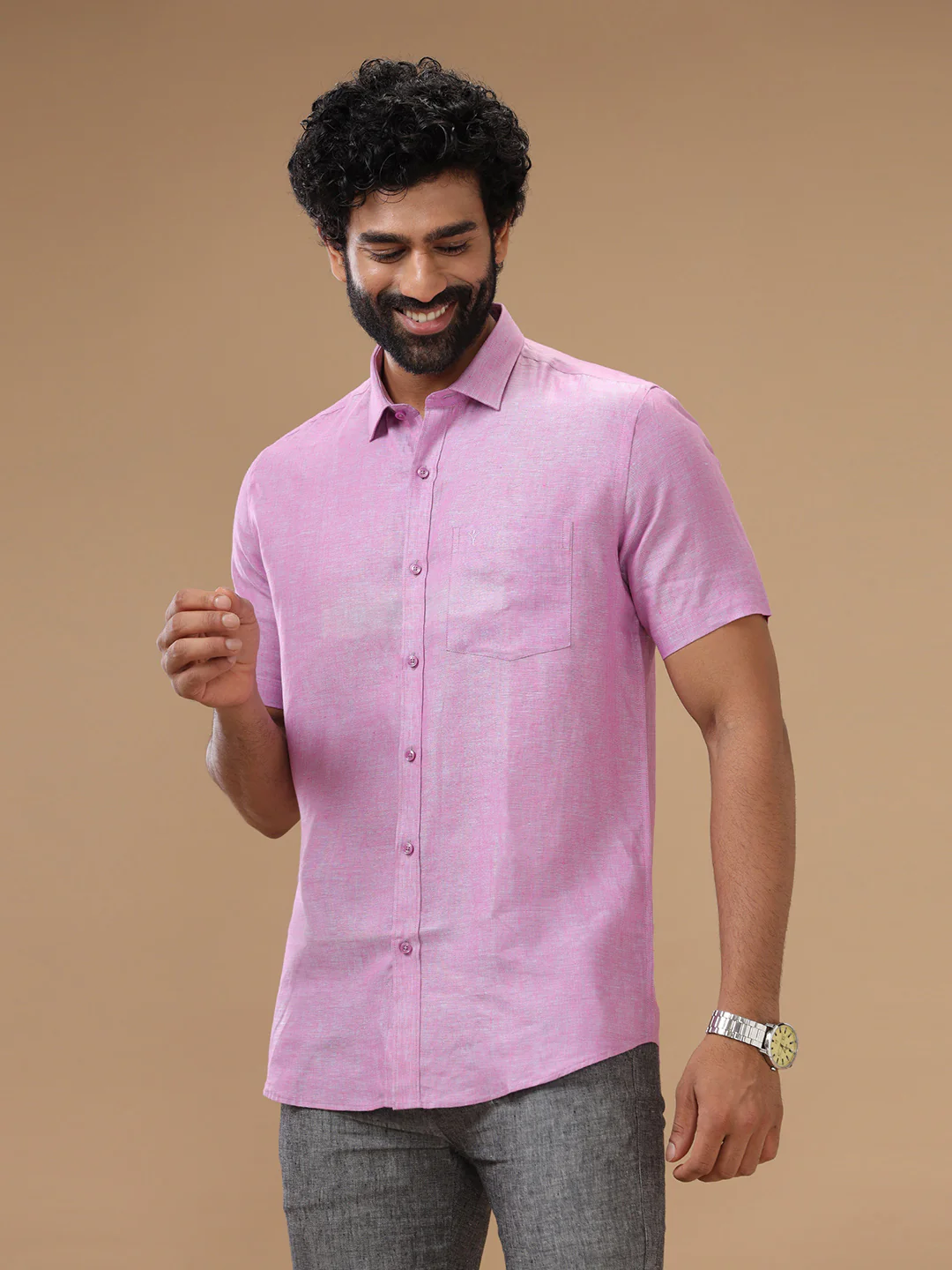 Men Pure Linen Purple Shirt L79 - Image 4