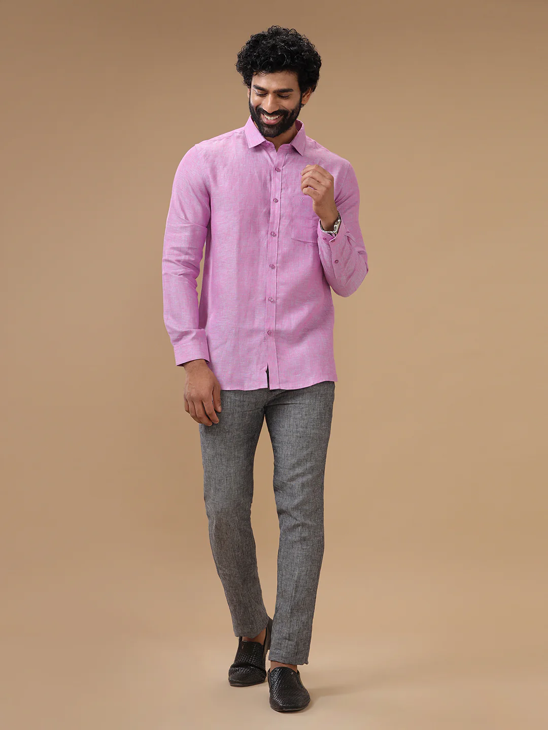 Men Pure Linen Purple Shirt L79 - Image 7