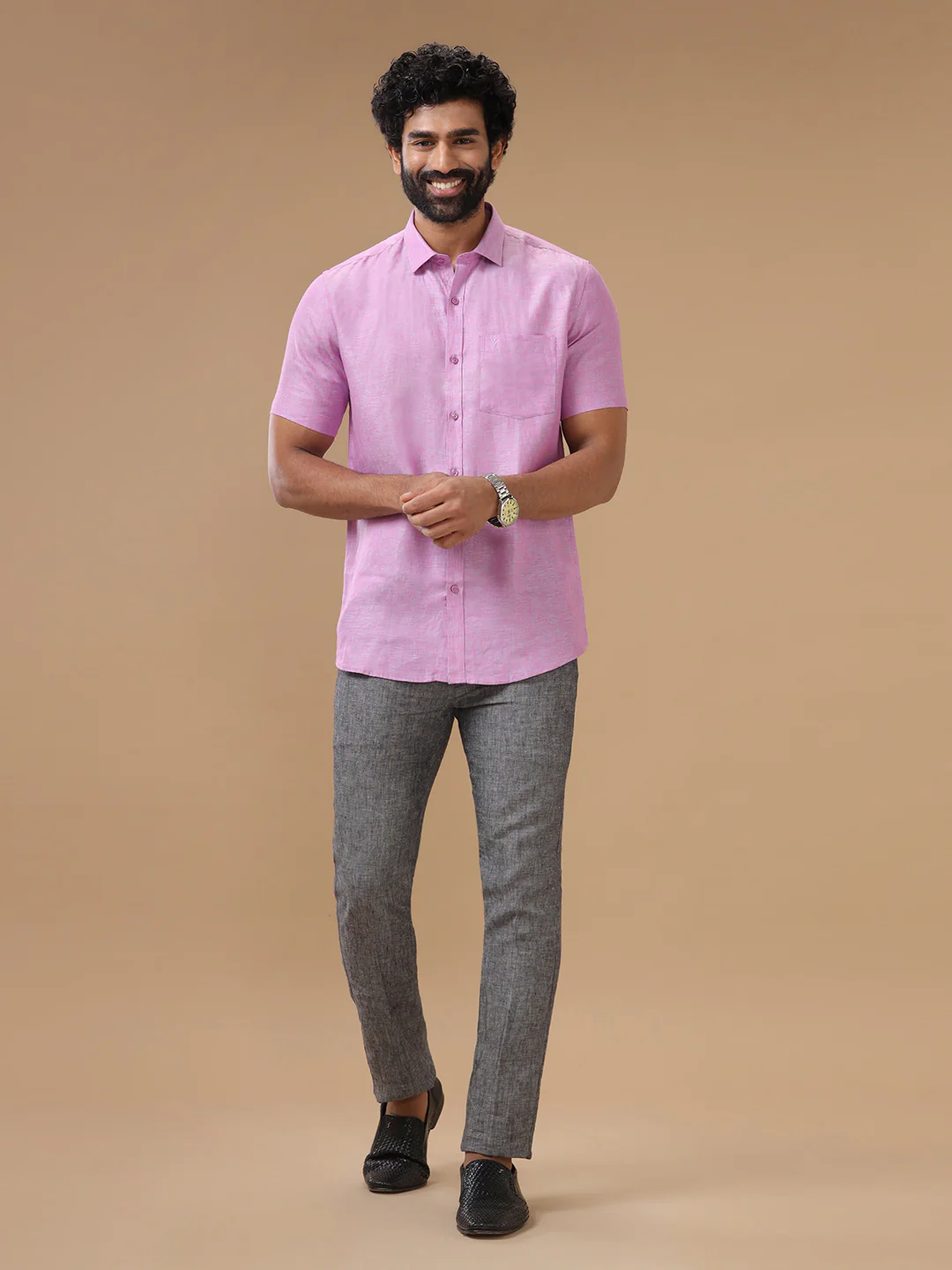 Men Pure Linen Purple Shirt L79 - Image 8