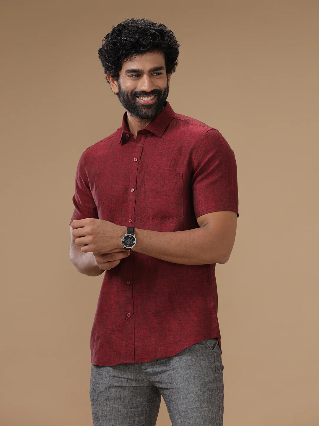 Men Pure Linen Rustic Red Shirt L30 - Image 2