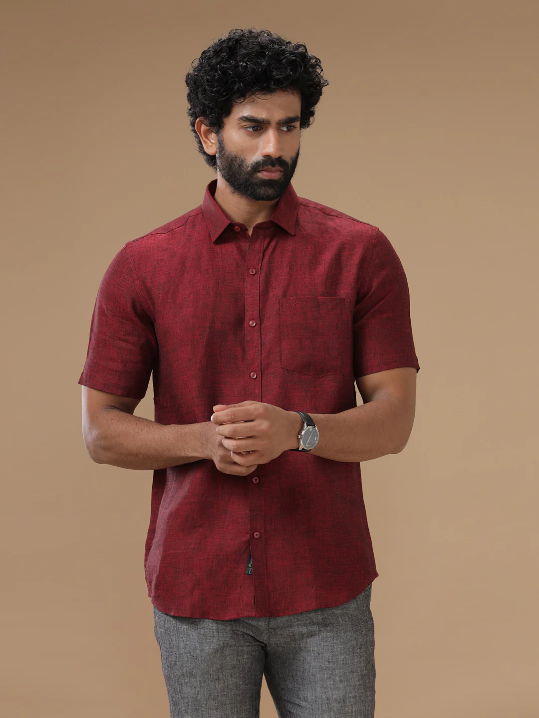 Men Pure Linen Rustic Red Shirt L30 - Image 3