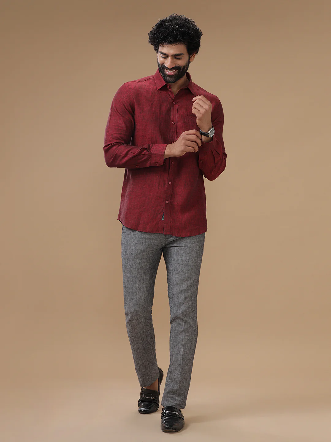 Men Pure Linen Rustic Red Shirt L30 - Image 5
