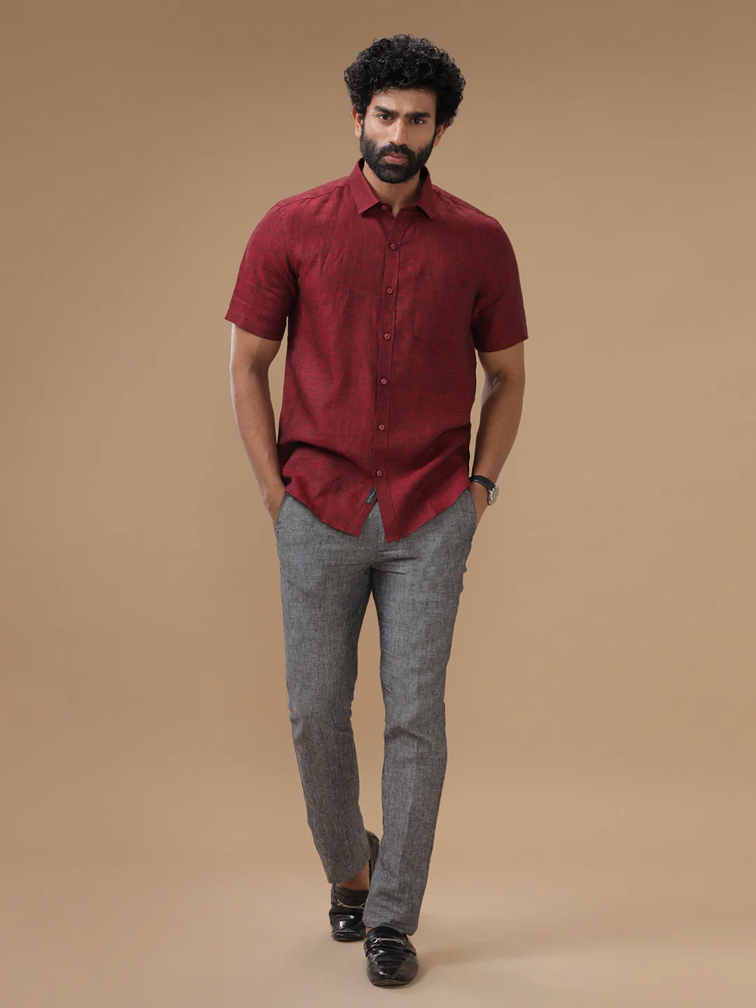 Men Pure Linen Rustic Red Shirt L30 - Image 7