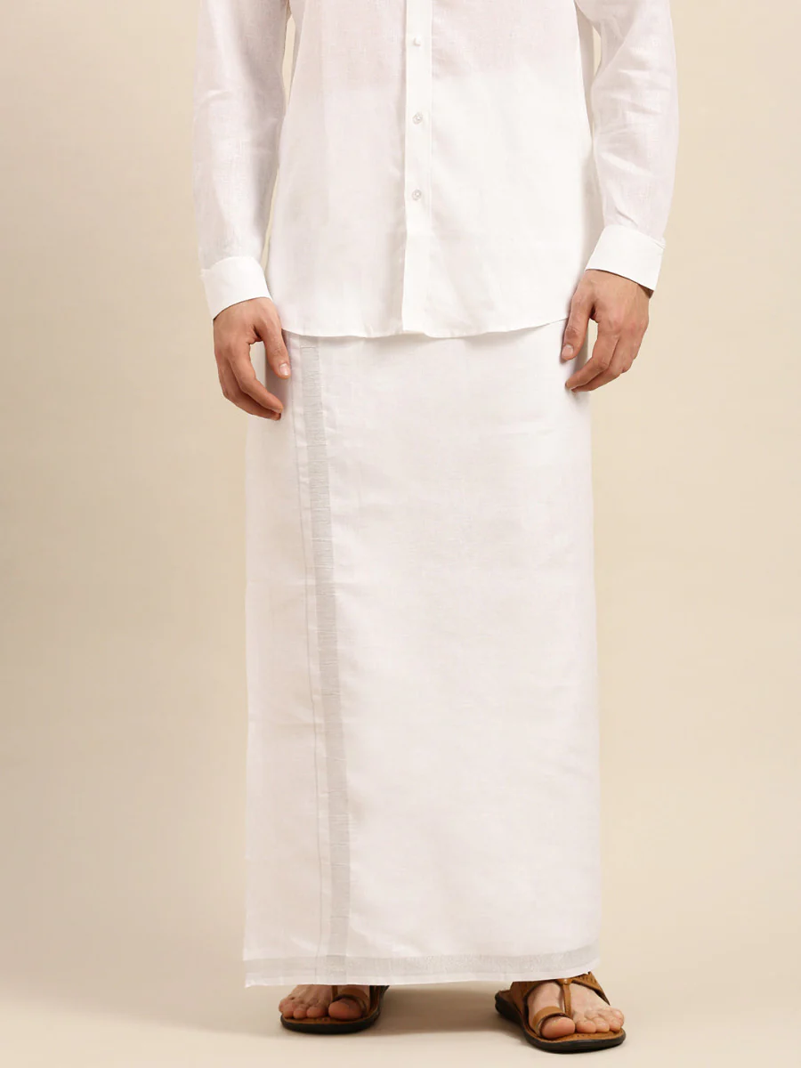 Men Pure Linen Single Layer Silver Dhoti with Jari Border 2660 SJ
