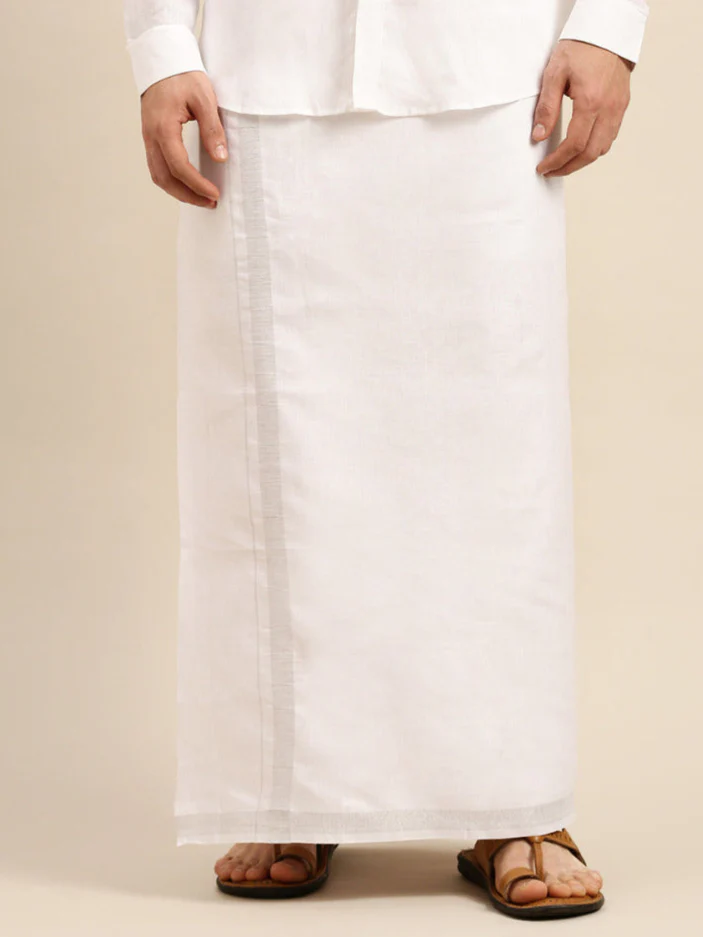 Men Pure Linen Single Layer Silver Dhoti with Jari Border 2660 SJ - Image 2