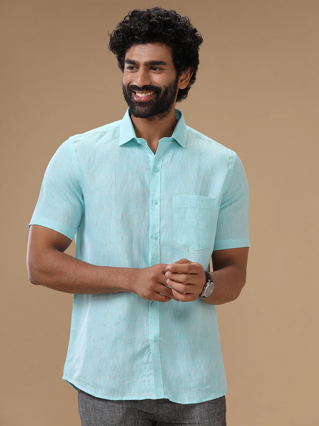 Men Pure Linen Sky Blue Shirt L71 - Image 2