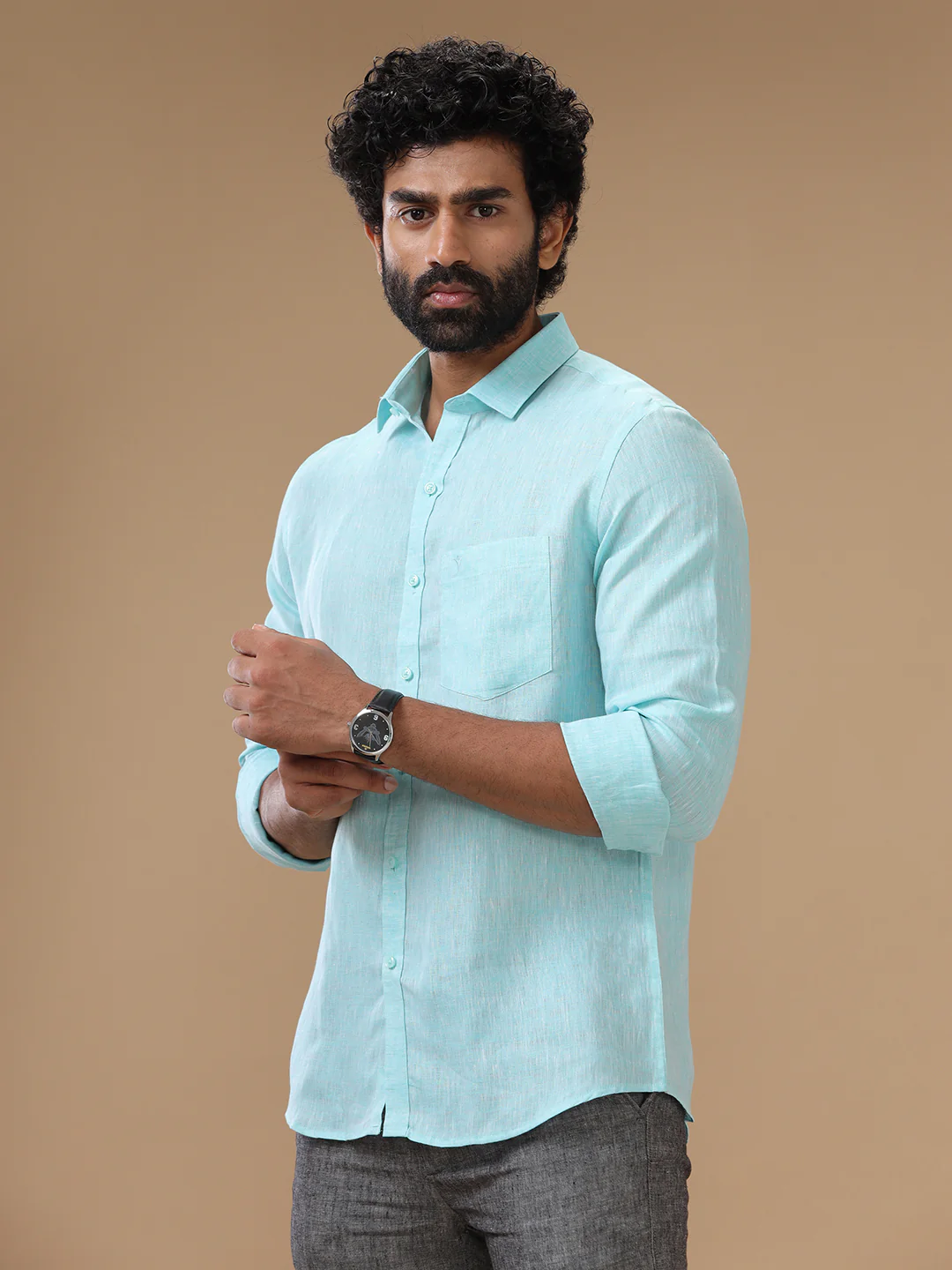 Men Pure Linen Sky Blue Shirt L71 - Image 3