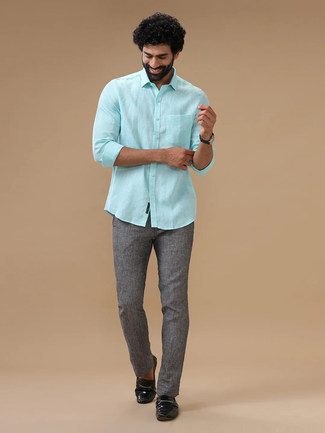 Men Pure Linen Sky Blue Shirt L71 - Image 5