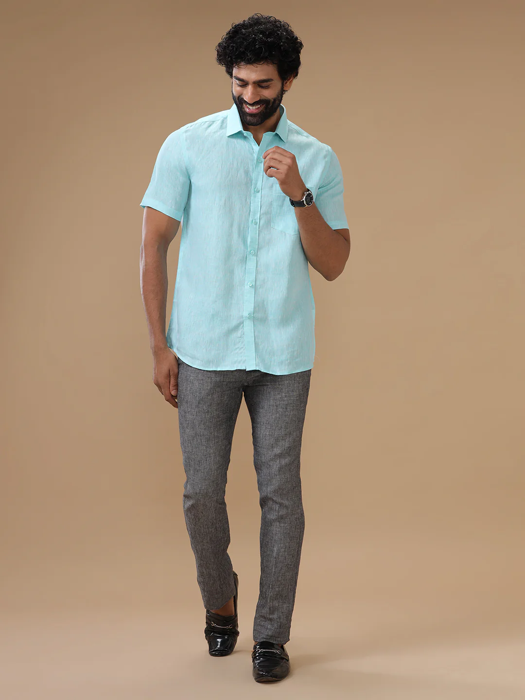 Men Pure Linen Sky Blue Shirt L71 - Image 6