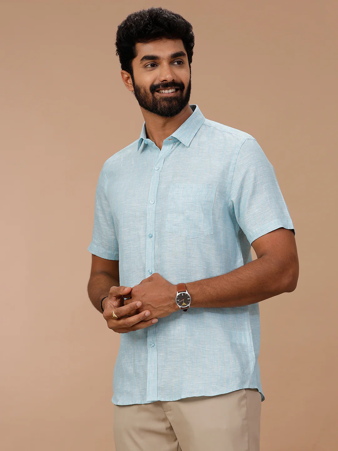 Men Pure Linen Striped Shirt Blue LS90 - Image 2