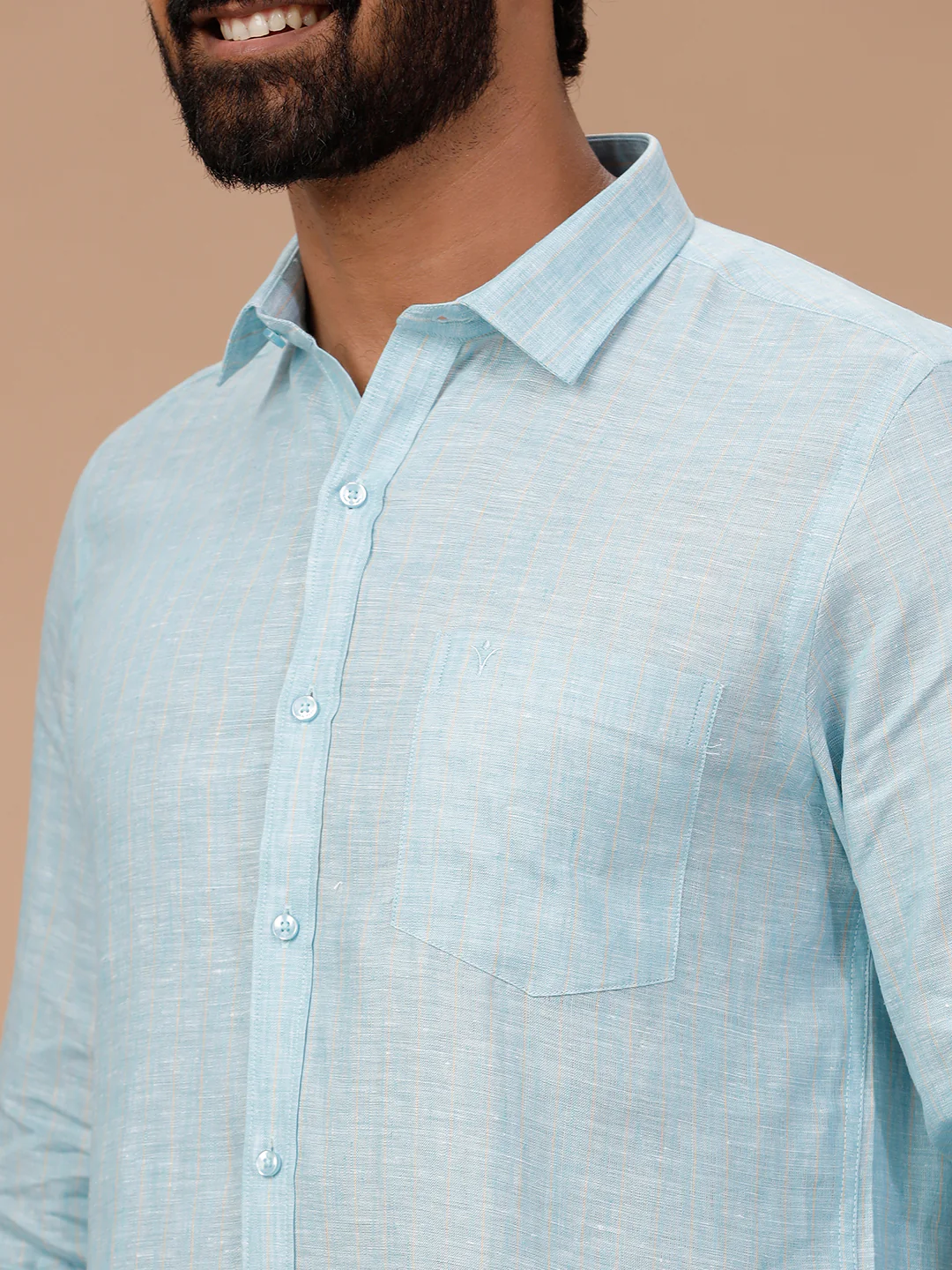 Men Pure Linen Striped Shirt Blue LS90 - Image 3