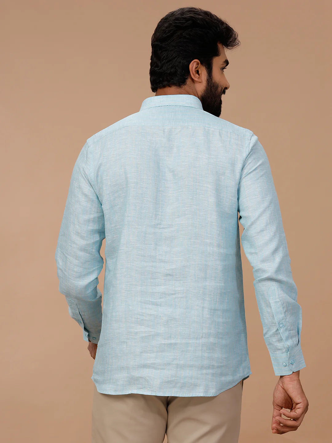 Men Pure Linen Striped Shirt Blue LS90 - Image 4