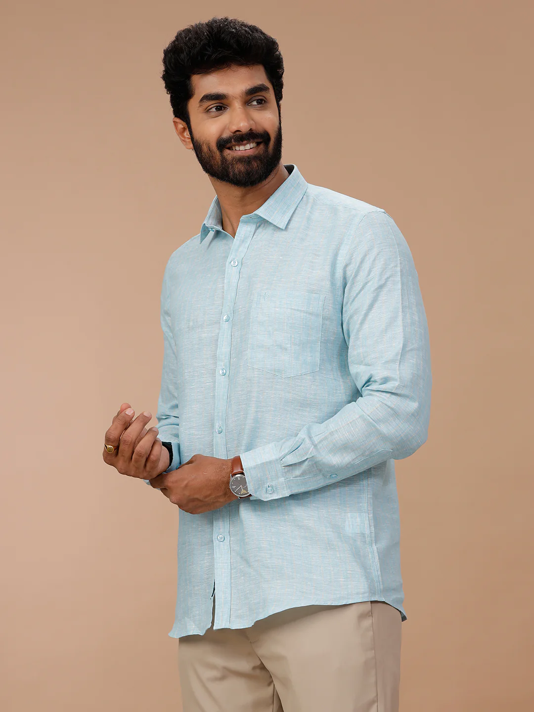 Men Pure Linen Striped Shirt Blue LS90 - Image 5