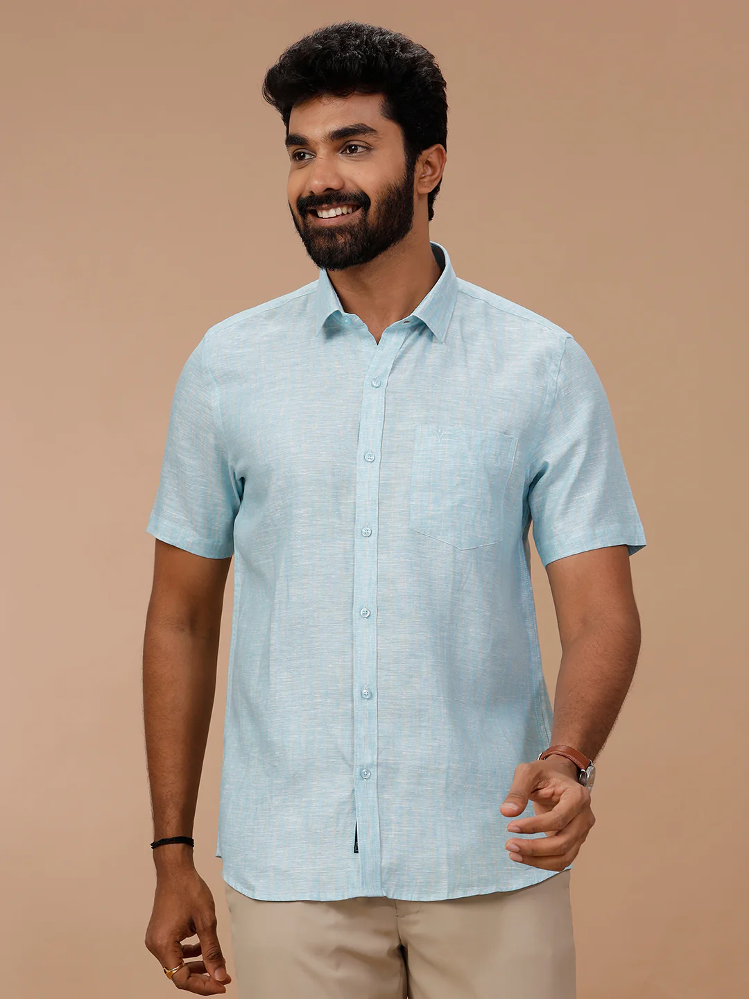 Men Pure Linen Striped Shirt Blue LS90 - Image 6