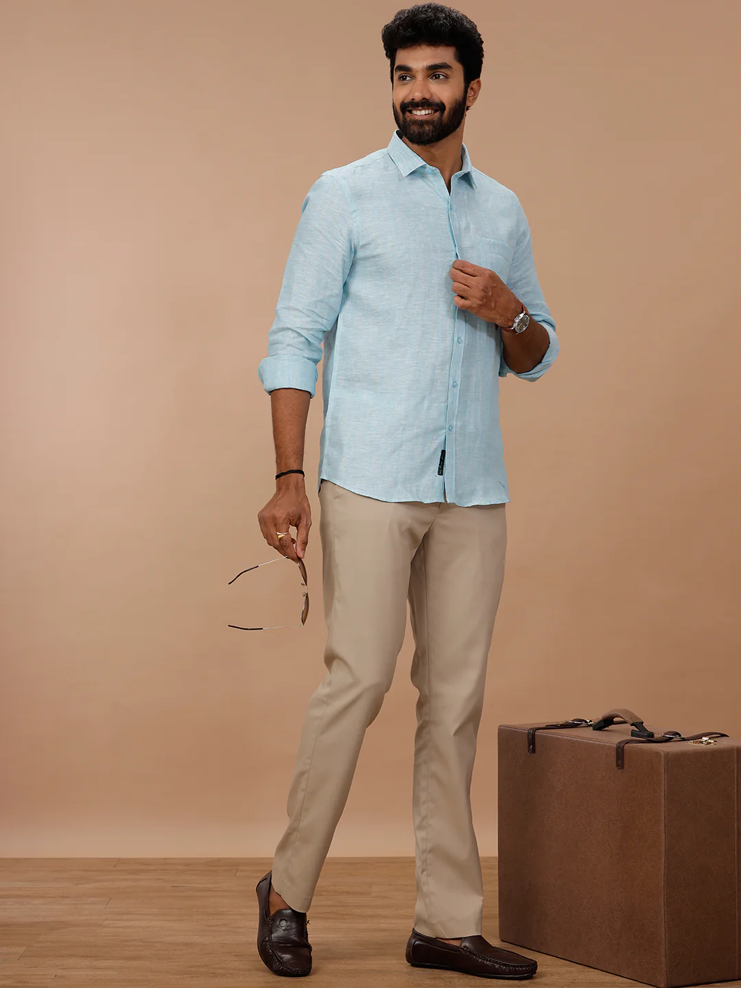 Men Pure Linen Striped Shirt Blue LS90 - Image 7