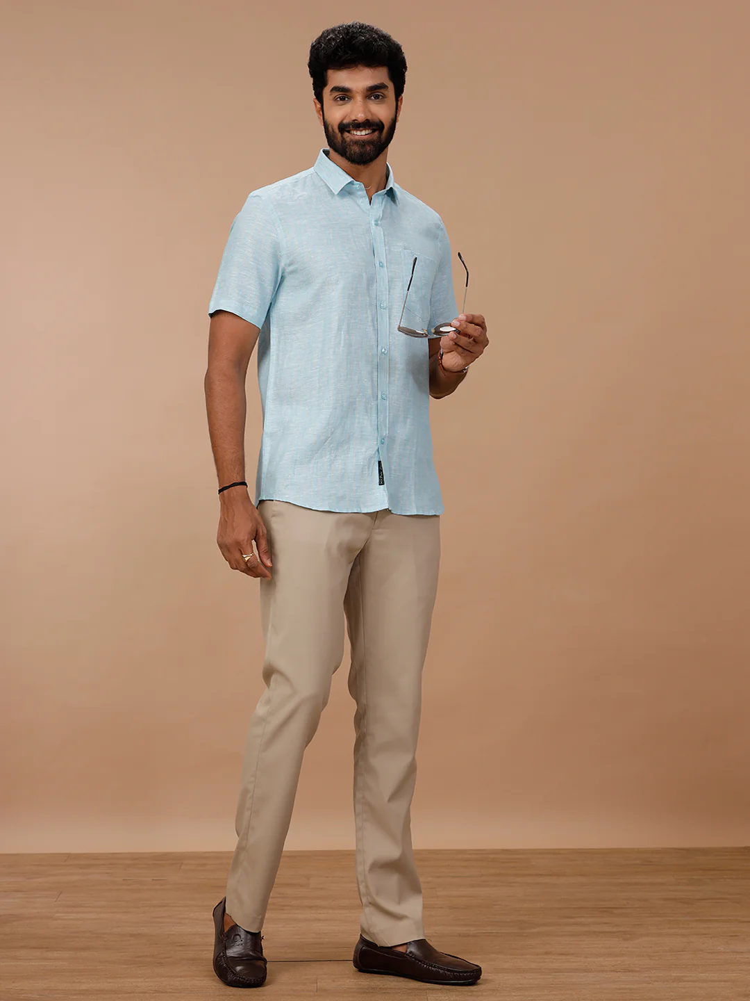 Men Pure Linen Striped Shirt Blue LS90 - Image 8