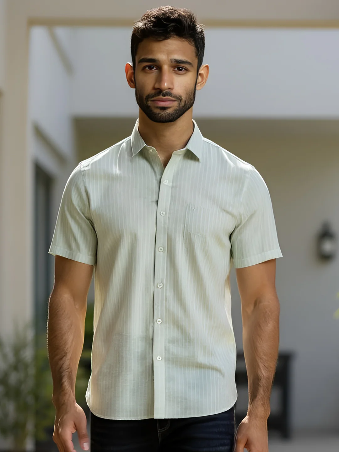 Men Pure Linen Striped Shirt Pale Green LS34 - Image 2