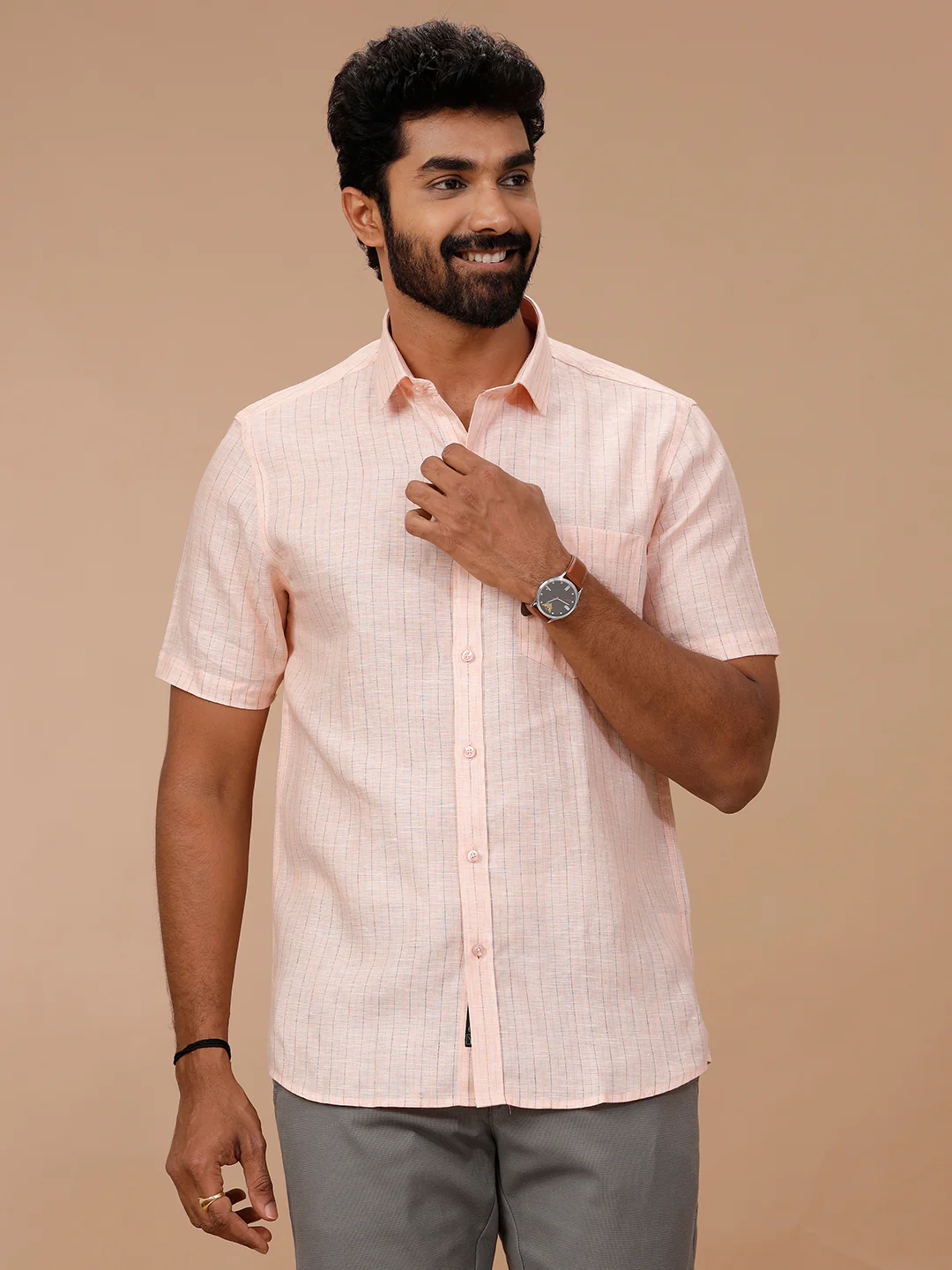 Men Pure Linen Striped Shirt Pink LS89