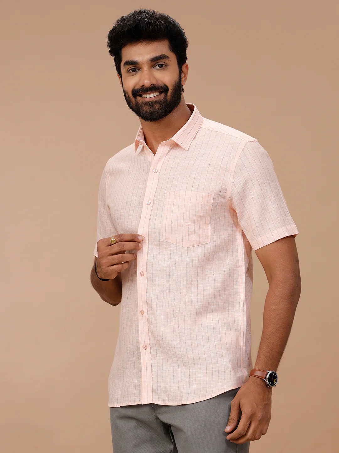 Men Pure Linen Striped Shirt Pink LS89 - Image 2