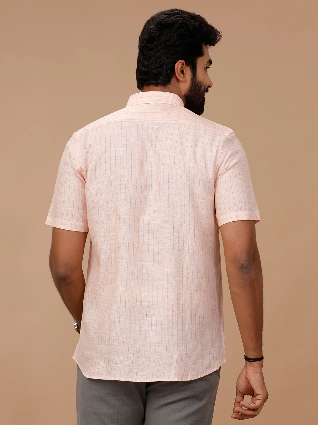Men Pure Linen Striped Shirt Pink LS89 - Image 3