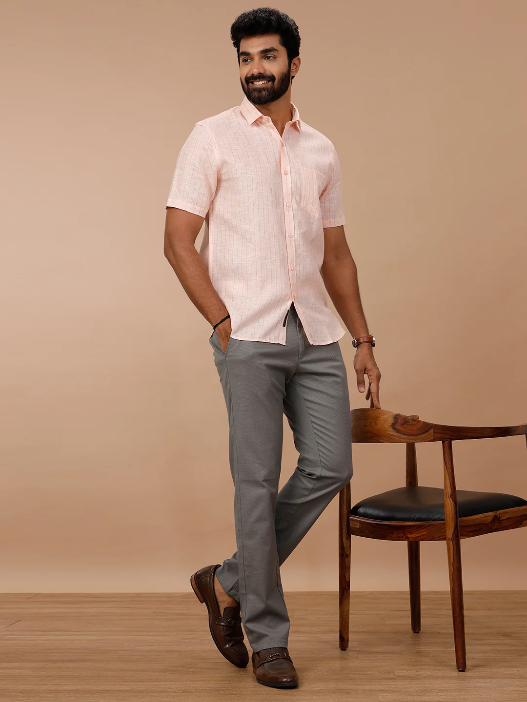 Men Pure Linen Striped Shirt Pink LS89 - Image 4