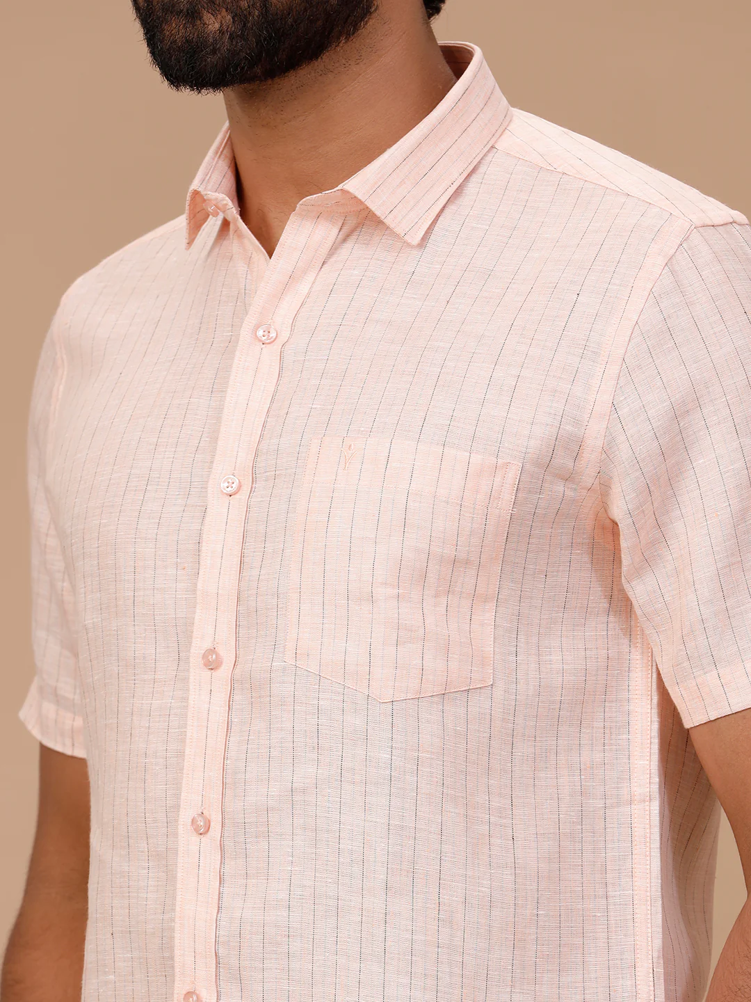 Men Pure Linen Striped Shirt Pink LS89 - Image 5
