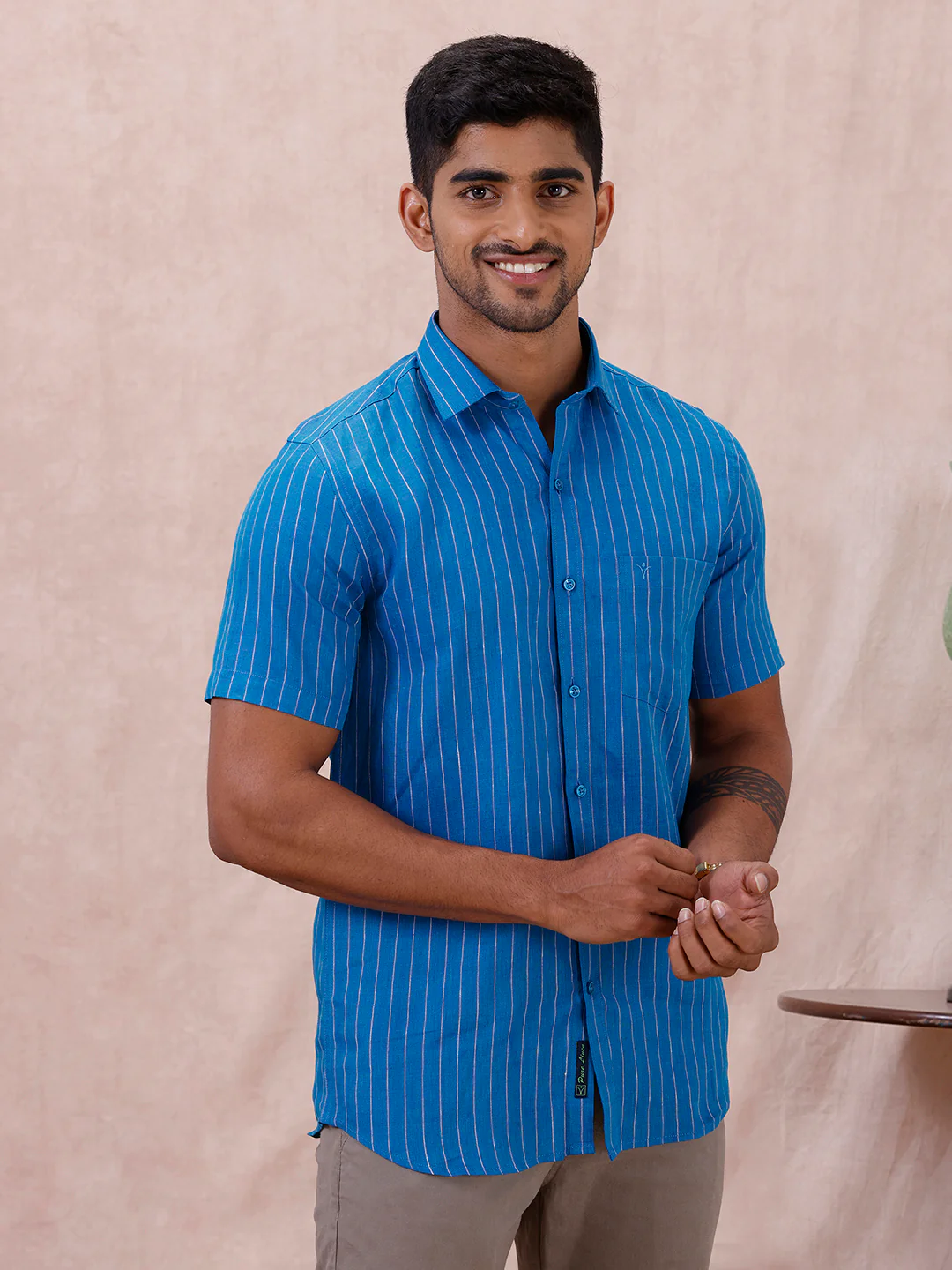 Men Pure Linen Striped Shirt Tufts Blue LS11 - Image 2