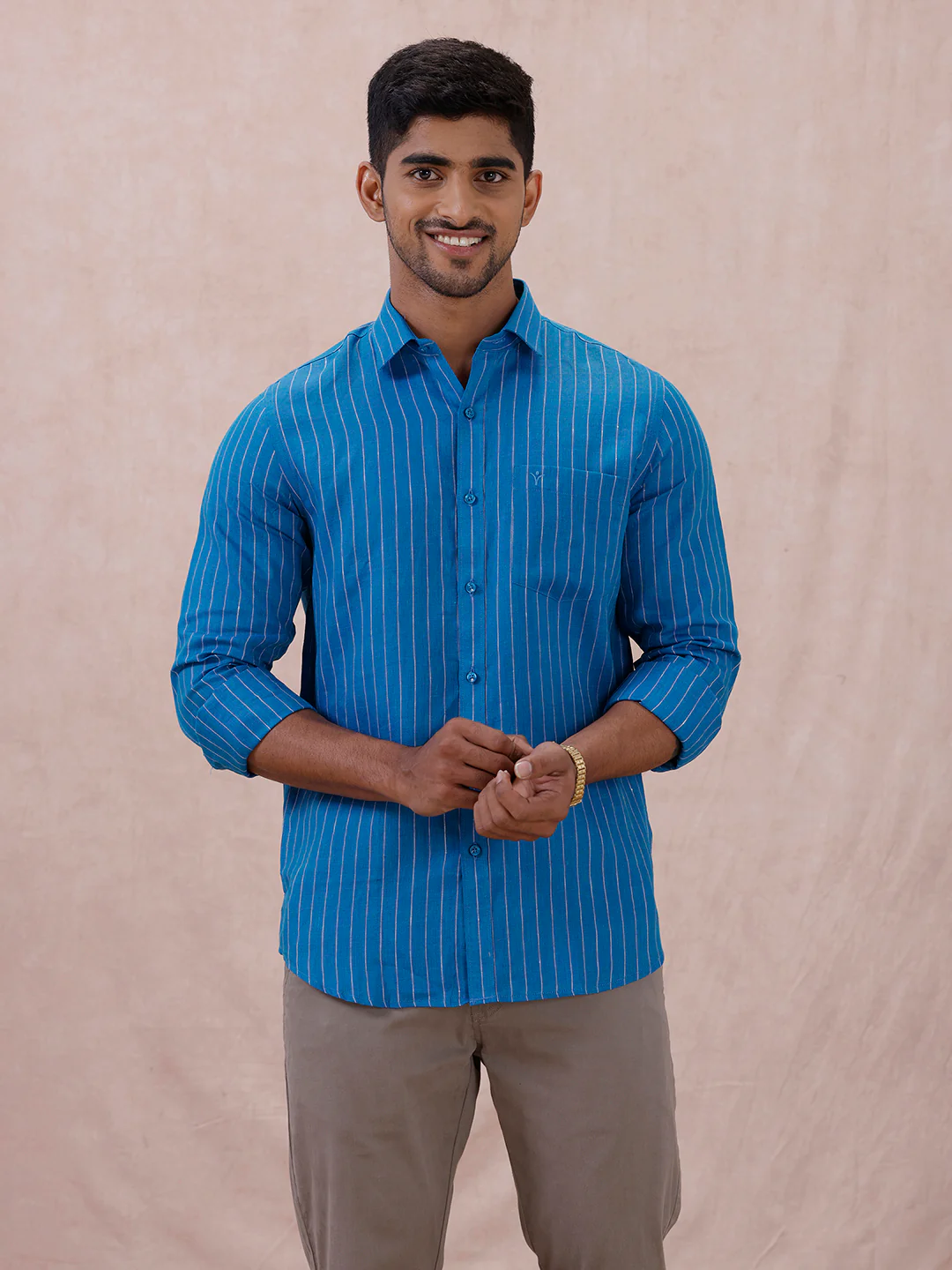 Men Pure Linen Striped Shirt Tufts Blue LS11 - Image 3