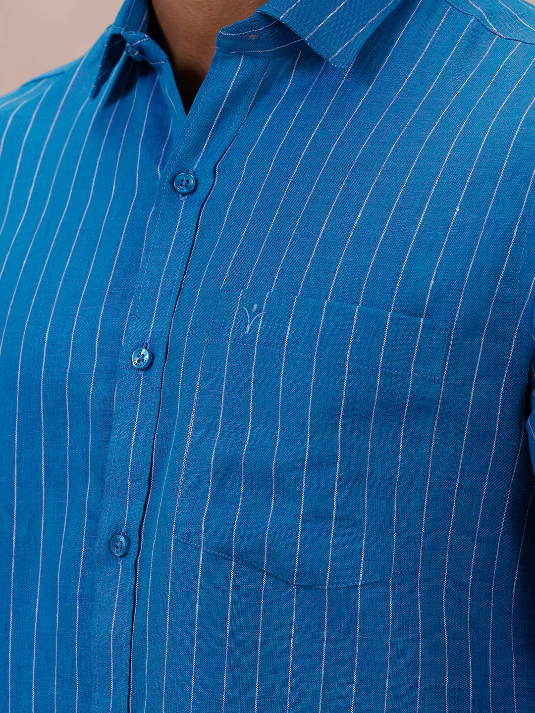 Men Pure Linen Striped Shirt Tufts Blue LS11 - Image 4