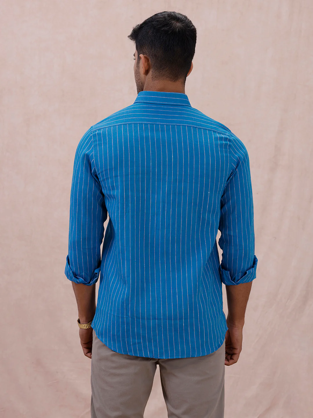 Men Pure Linen Striped Shirt Tufts Blue LS11 - Image 5