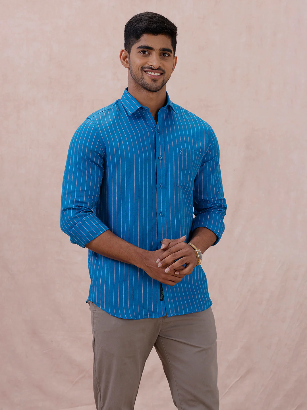 Men Pure Linen Striped Shirt Tufts Blue LS11 - Image 6