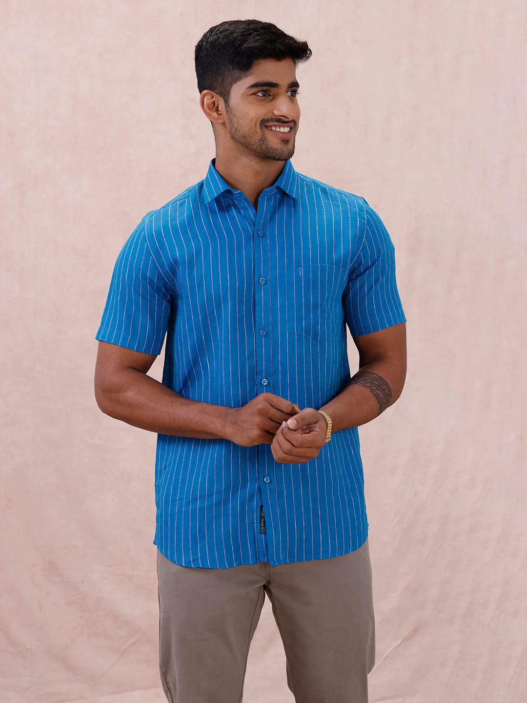 Men Pure Linen Striped Shirt Tufts Blue LS11 - Image 7