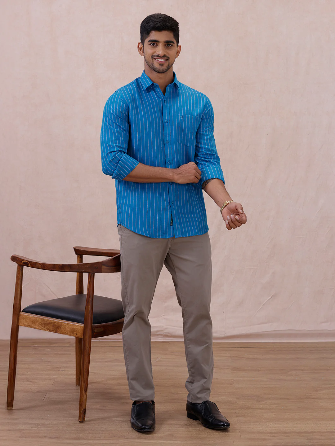 Men Pure Linen Striped Shirt Tufts Blue LS11 - Image 8