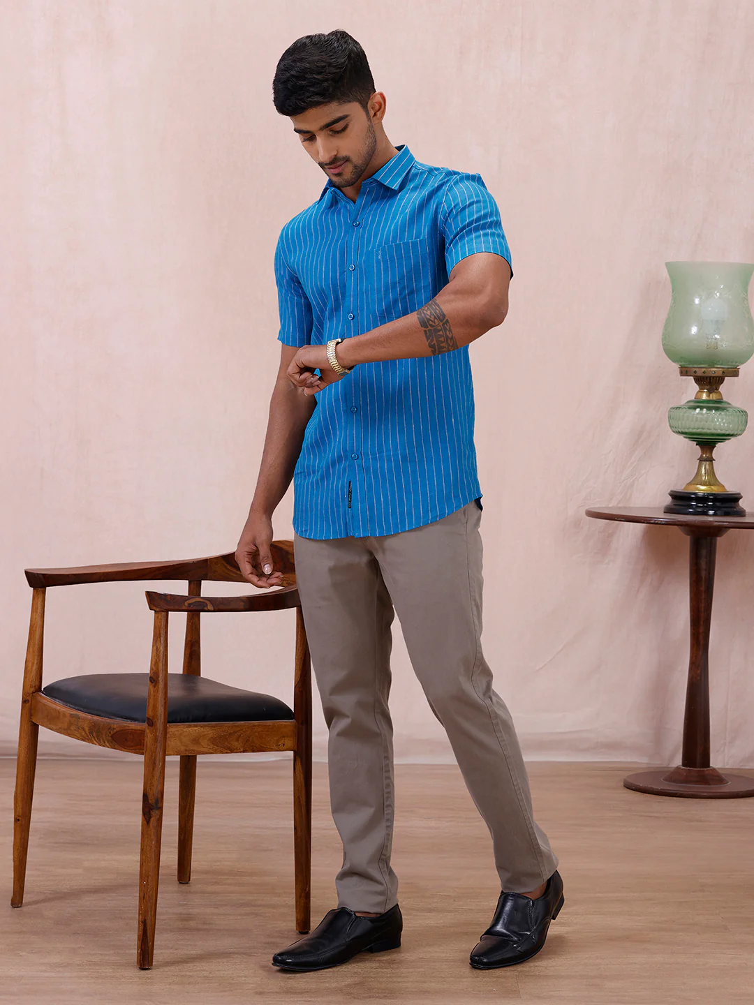 Men Pure Linen Striped Shirt Tufts Blue LS11 - Image 9
