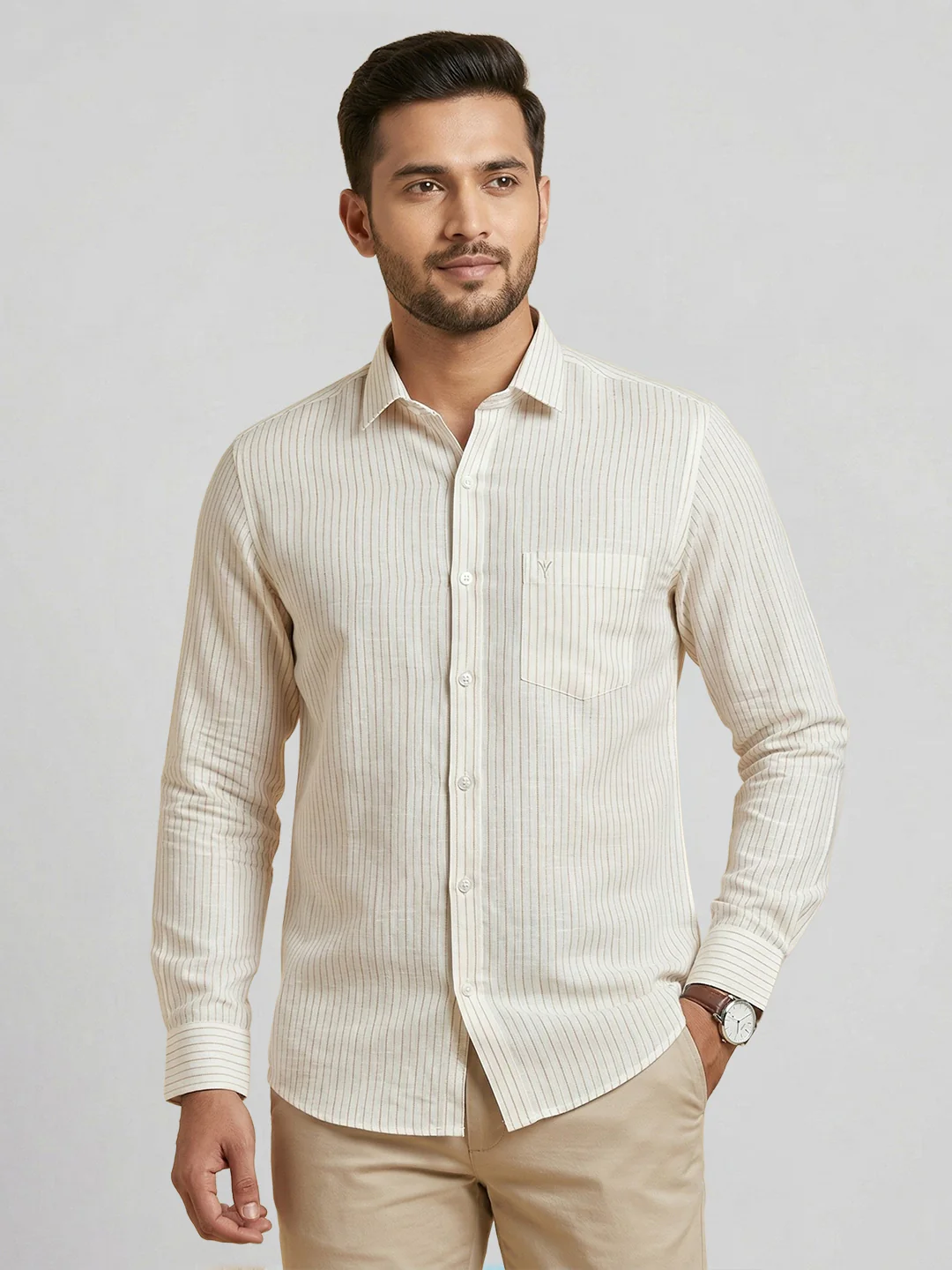 Pure Linen Striped Shirt White LS134 - Image 2