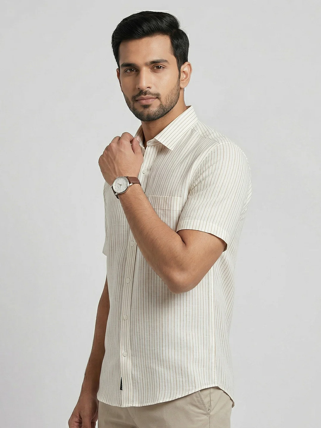 Pure Linen Striped Shirt White LS134 - Image 3