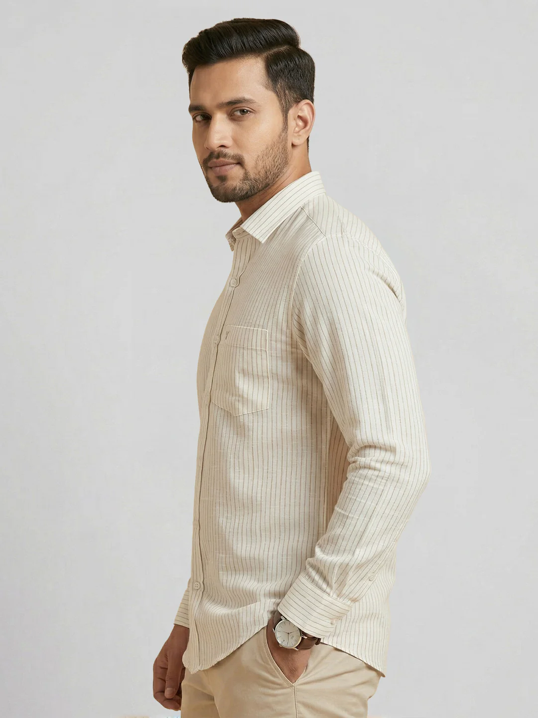 Pure Linen Striped Shirt White LS134 - Image 4