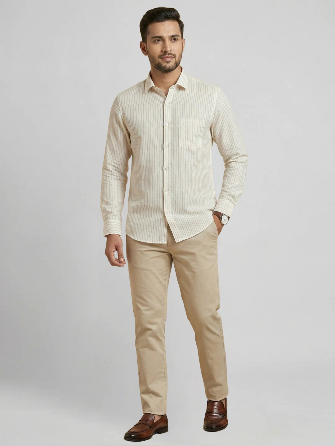 Pure Linen Striped Shirt White LS134 - Image 7