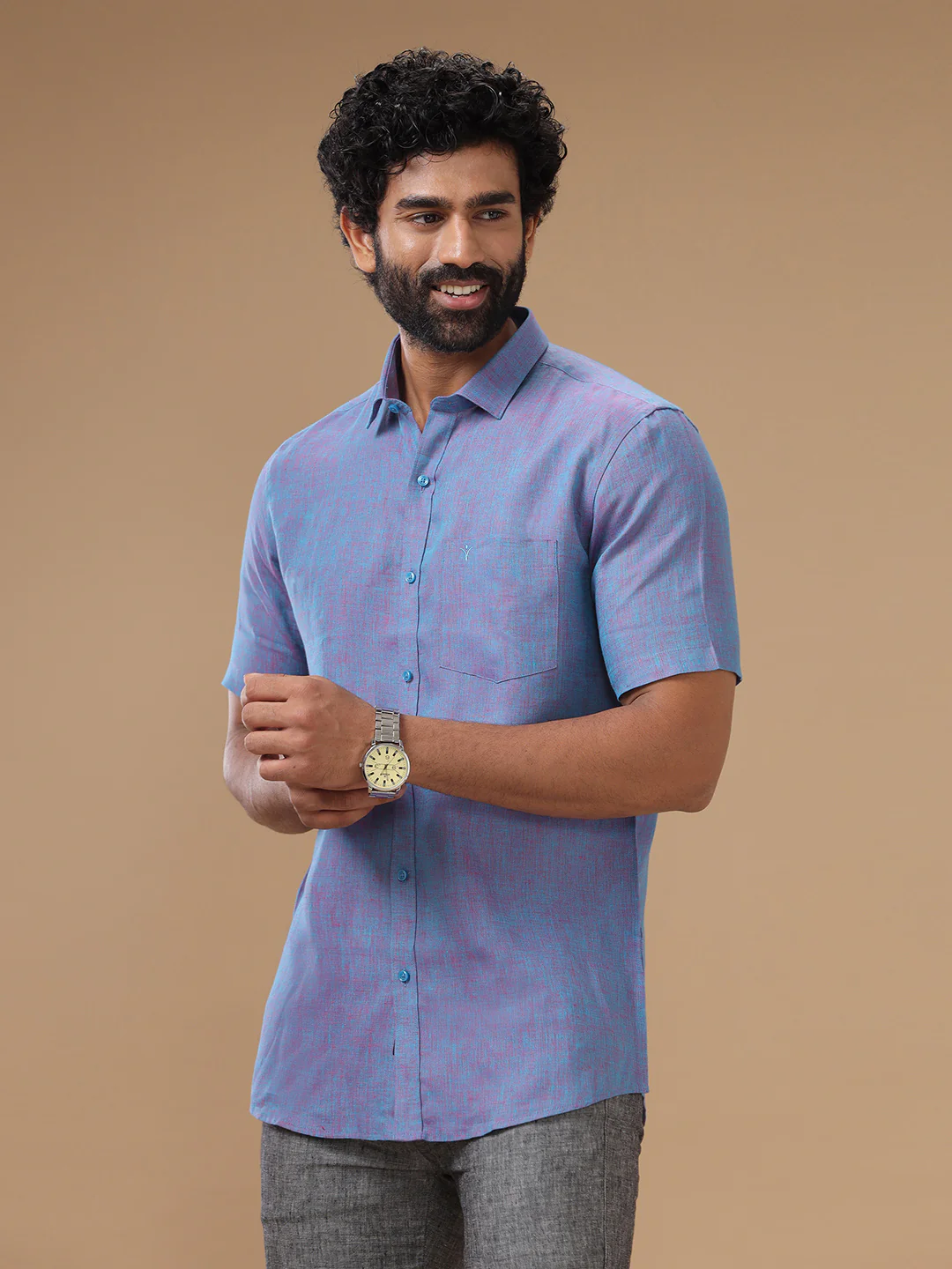 Men Pure Linen Violet Shirt L81 - Image 2