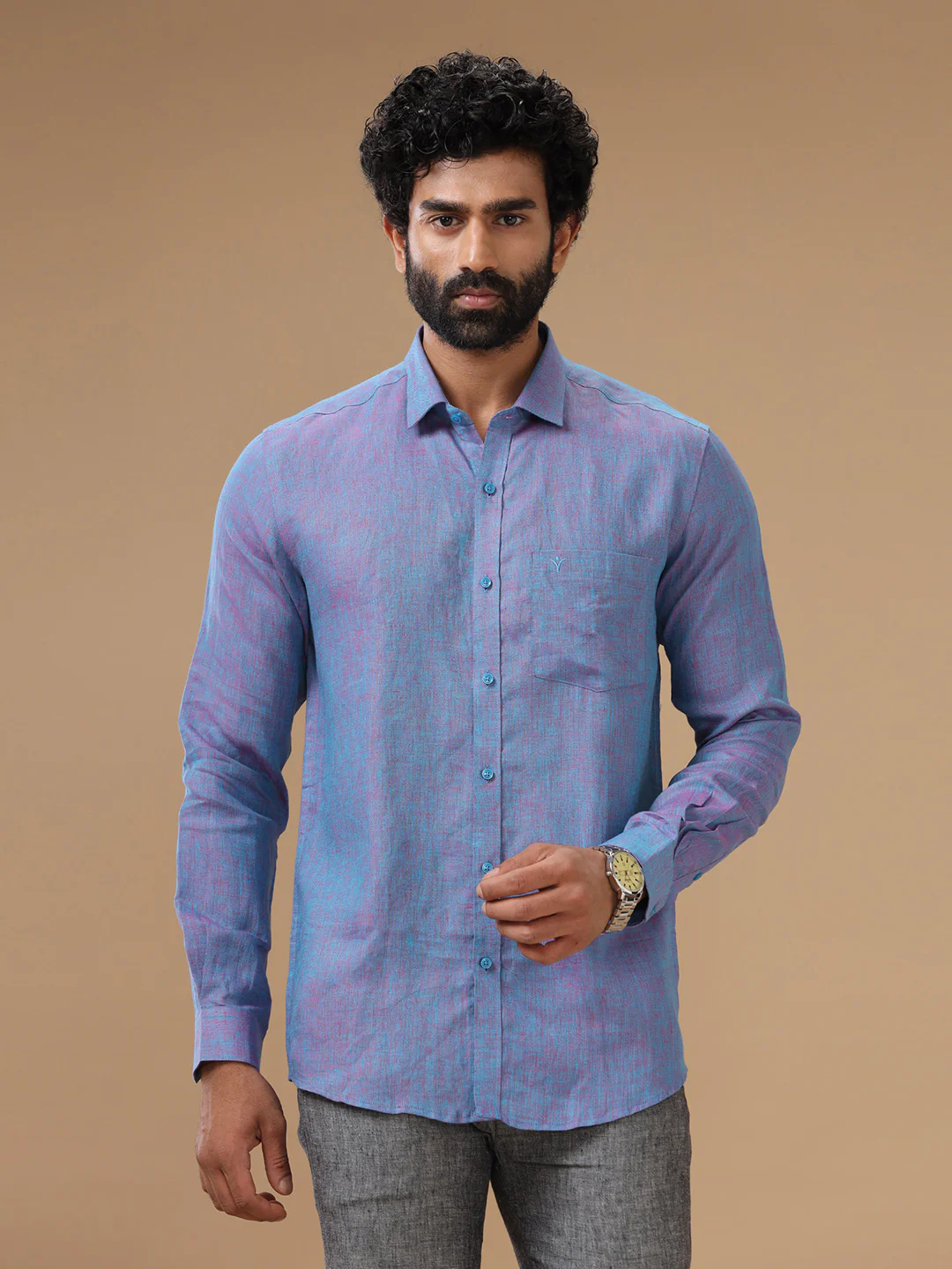 Men Pure Linen Violet Shirt L81 - Image 3