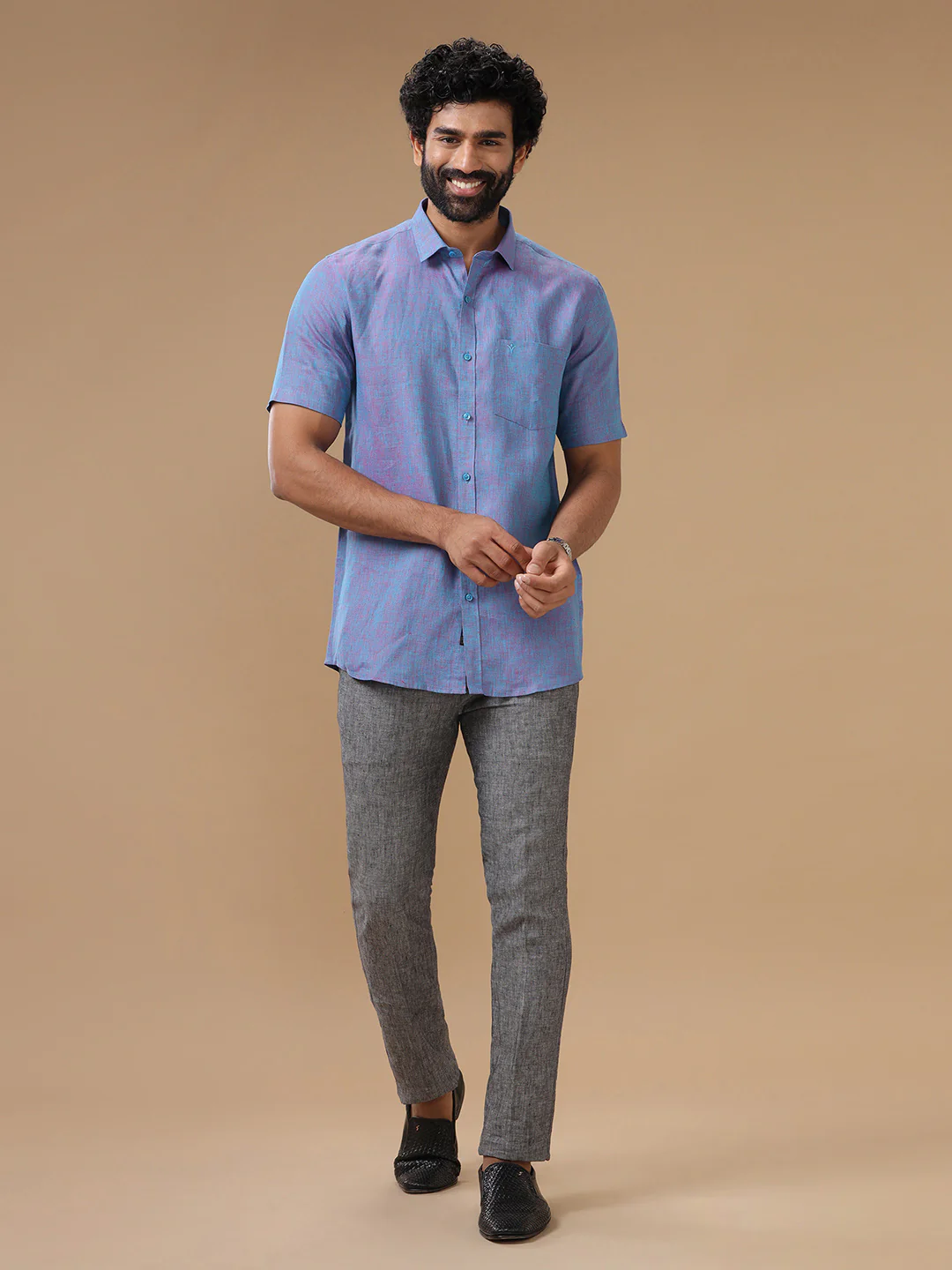 Men Pure Linen Violet Shirt L81 - Image 5